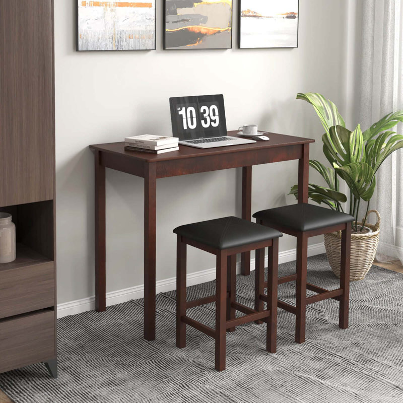 Ebern Designs 3 Pcs Bar Table Set Dining Table 2 Pvc Leather Upholstered Bar Stools Rustic Brown